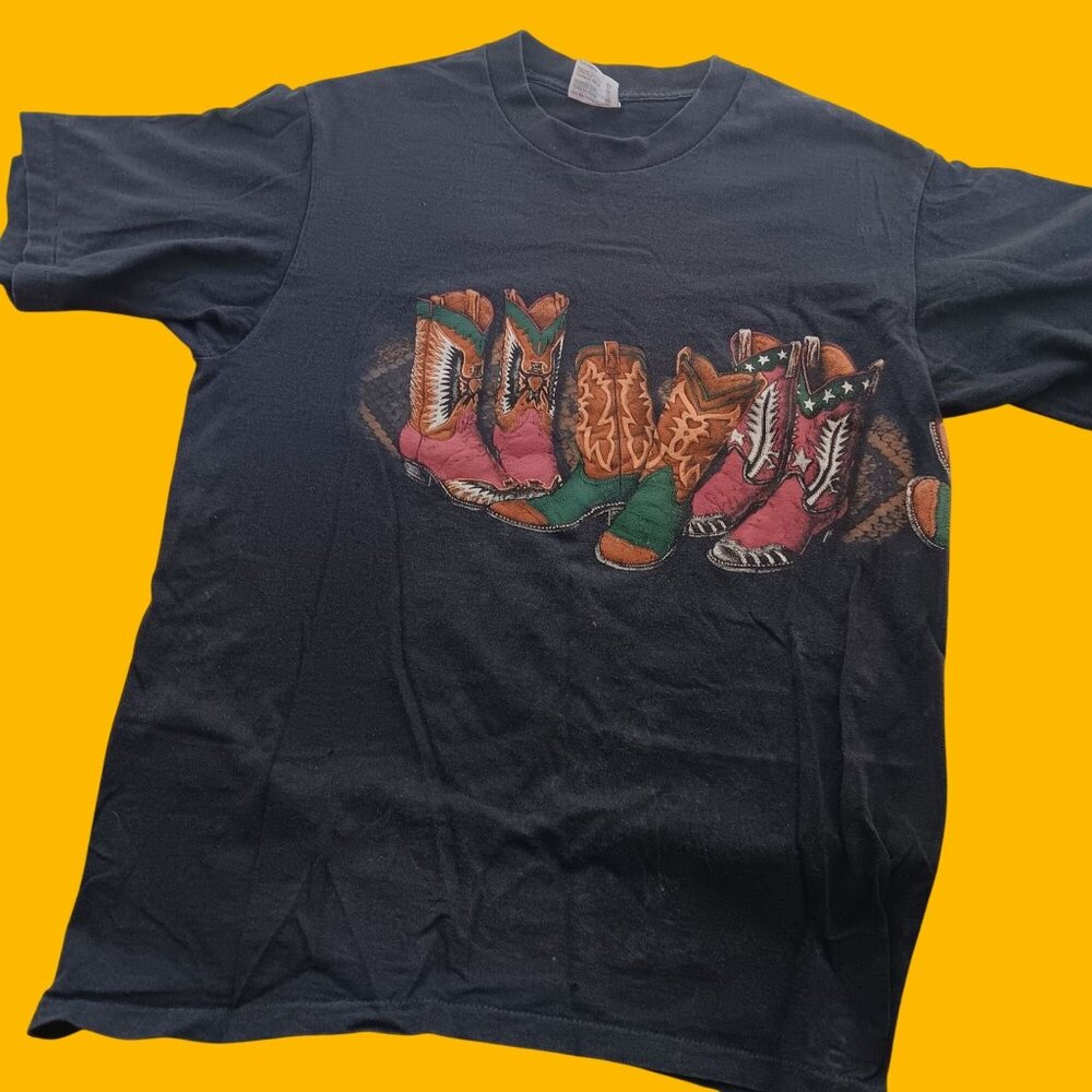 Vintage Large T-shirt Single Stitch 90's Hazelwoods Cowboy Boot Side Wrap USA